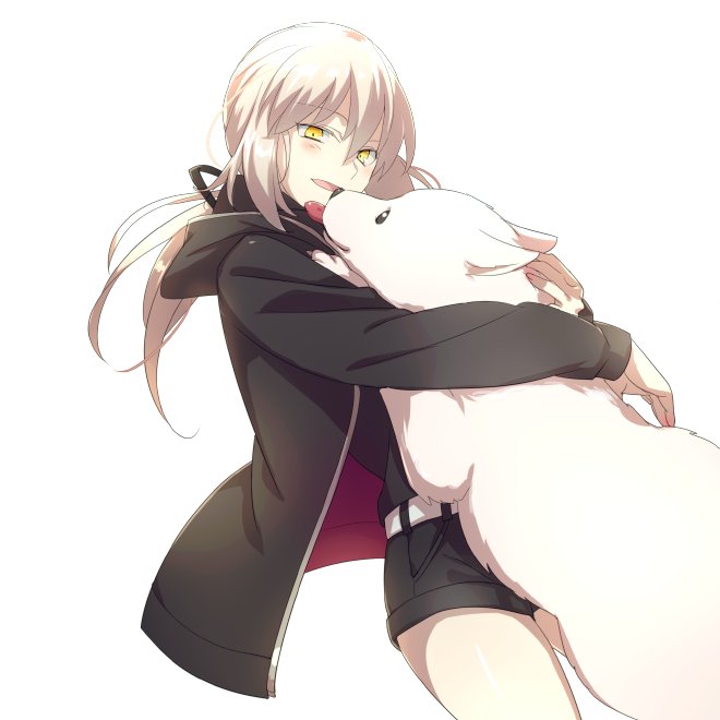 1girl :d artoria_pendragon_(all) black_jacket black_ribbon black_shirt black_shorts cis05 dog eyebrows_visible_through_hair fate/stay_night fate_(series) hair_between_eyes hair_ribbon hood hood_down hooded_jacket hug jacket long_hair long_sleeves open_clothes open_jacket open_mouth ponytail ribbon saber_alter shirt short_shorts shorts silver_hair simple_background smile solo tongue tongue_out white_background yellow_eyes