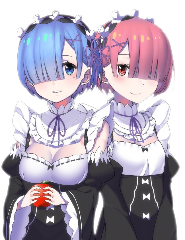 2girls apple black_bow black_sleeves blue_eyes blue_hair bow breasts choker cleavage detached_sleeves flower food fruit goemon1110 hair_flower hair_ornament hair_over_one_eye hair_ribbon head_wreath holding holding_fruit long_sleeves looking_at_viewer multiple_girls neck_ribbon parted_lips pink_hair purple_ribbon ram_(re:zero) re:zero_kara_hajimeru_isekai_seikatsu red_eyes rem_(re:zero) ribbon shiny shiny_hair short_hair simple_background small_breasts smile upper_body white_background white_bow white_flower wide_sleeves