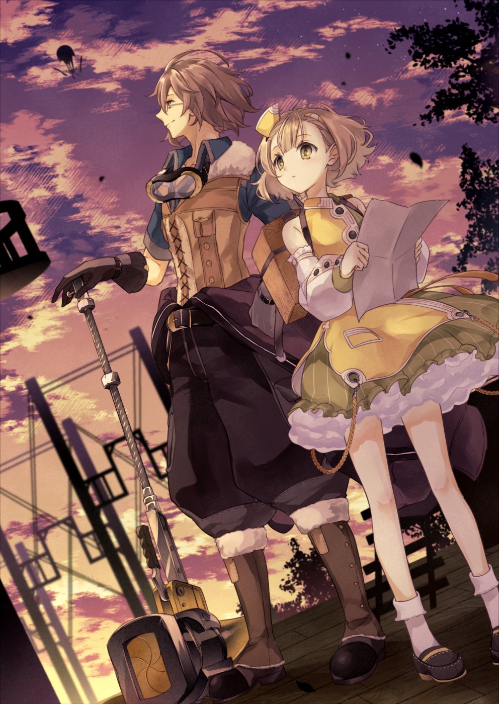 1boy 1girl atelier_(series) atelier_escha_&amp;_logy awin_sidelet black_pants blonde_hair blue_shirt boots brown_gloves brown_hair brown_vest clouds collared_shirt detached_sleeves dress evening gloves goggles goggles_around_neck hat highres holding holding_paper karasumi_(aiseec) lucille_ernella open_mouth outdoors pants paper puffy_pants shirt shoes short_hair sky smile socks vest white_socks yellow_dress yellow_eyes