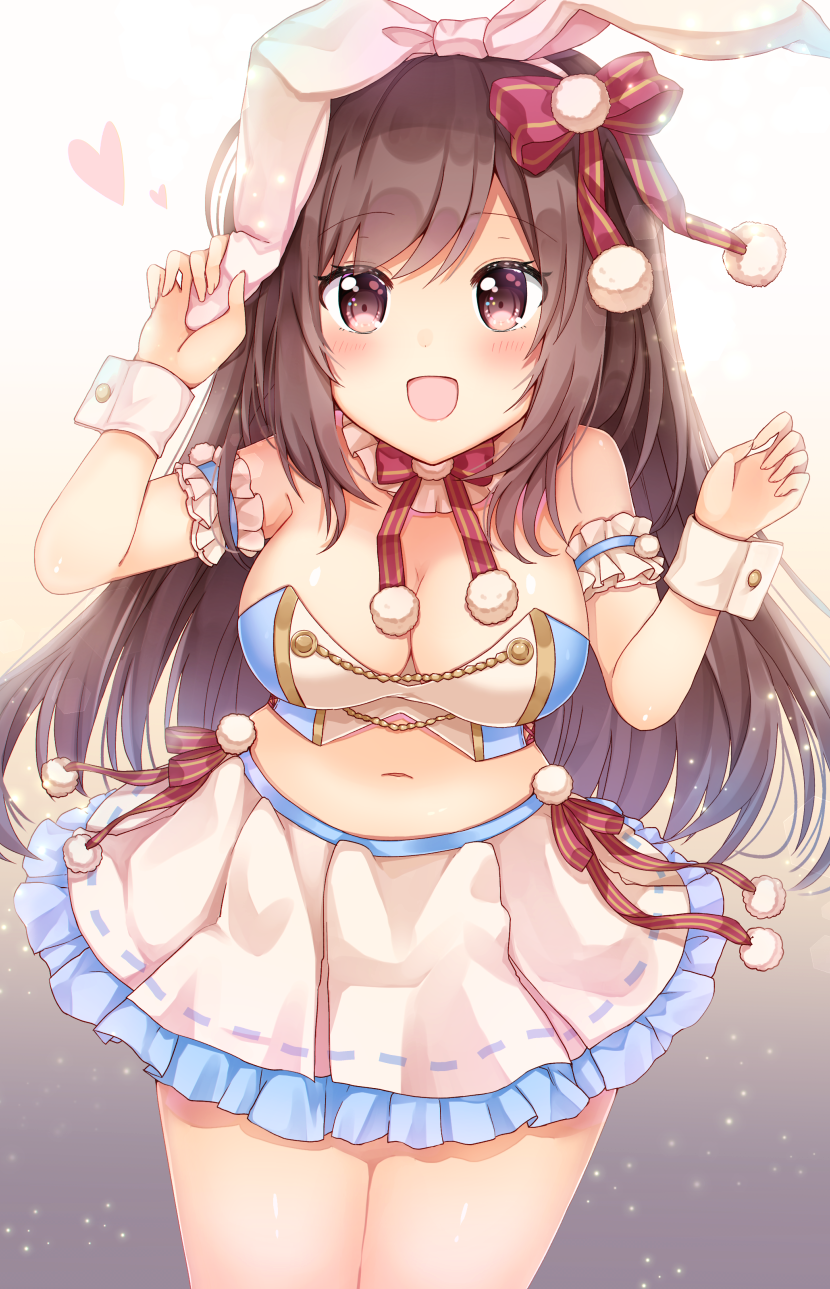1girl :d animal_ears arm_up bare_shoulders blush bow breasts brown_background brown_eyes brown_hair cleavage commentary_request crop_top fake_animal_ears fingernails frilled_skirt frills gradient gradient_background hair_bow hand_up highres idolmaster idolmaster_shiny_colors legs long_hair looking_at_viewer medium_breasts midriff navel open_mouth pleated_skirt pom_pom_(clothes) rabbit_ears red_bow shikino_(sikinonono) skirt smile solo striped striped_bow tsukioka_kogane very_long_hair white_background white_skirt wrist_cuffs