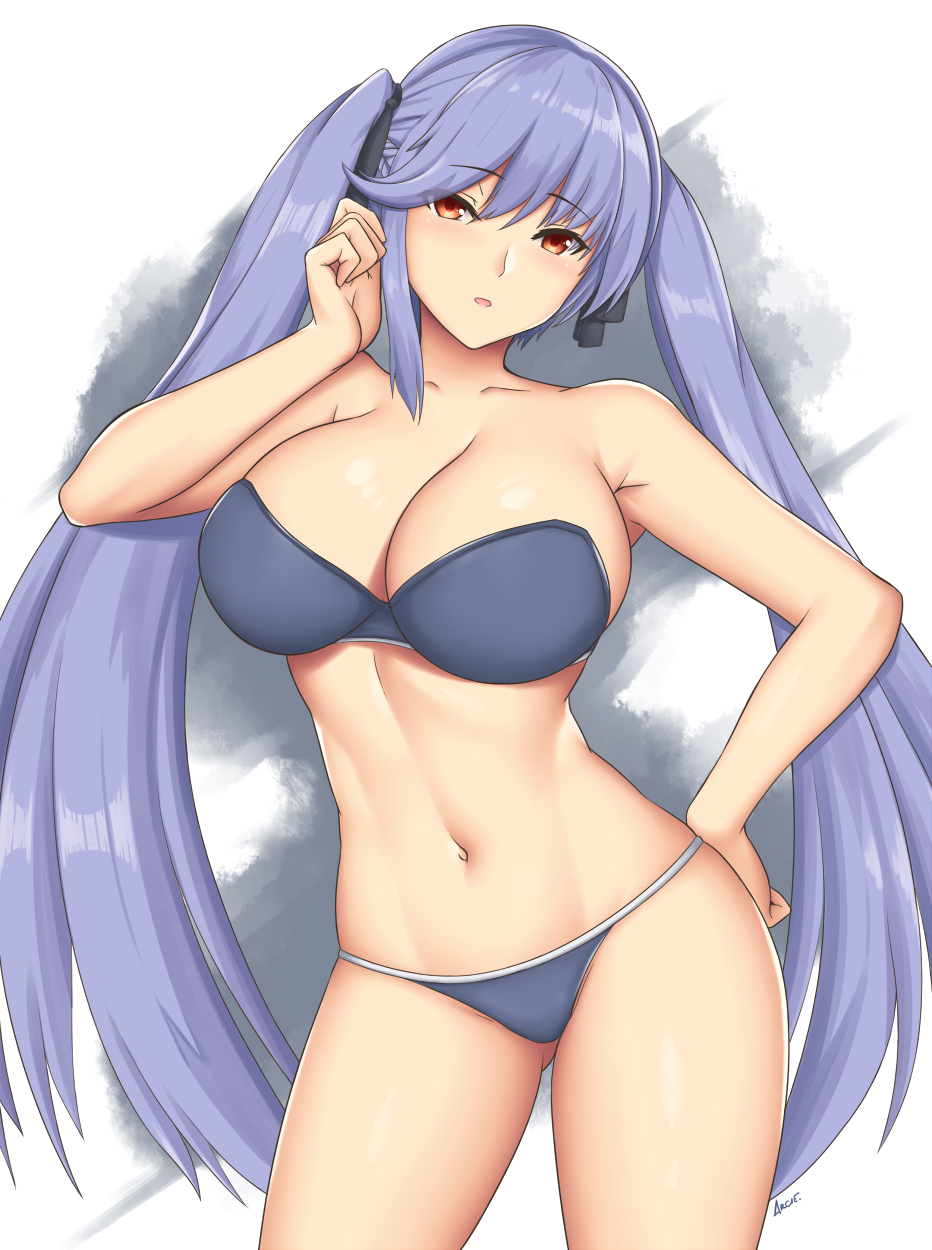 1girl arciealbano azur_lane bangs bikini black_ribbon blue_bikini blue_hair blush braid breasts cleavage collarbone essex_(azur_lane) eyebrows_visible_through_hair french_braid groin hair_between_eyes hand_on_hip hand_up highres large_breasts long_hair looking_at_viewer navel ribbon sidelocks signature solo stomach strapless strapless_bikini swimsuit thighs twintails very_long_hair yellow_eyes