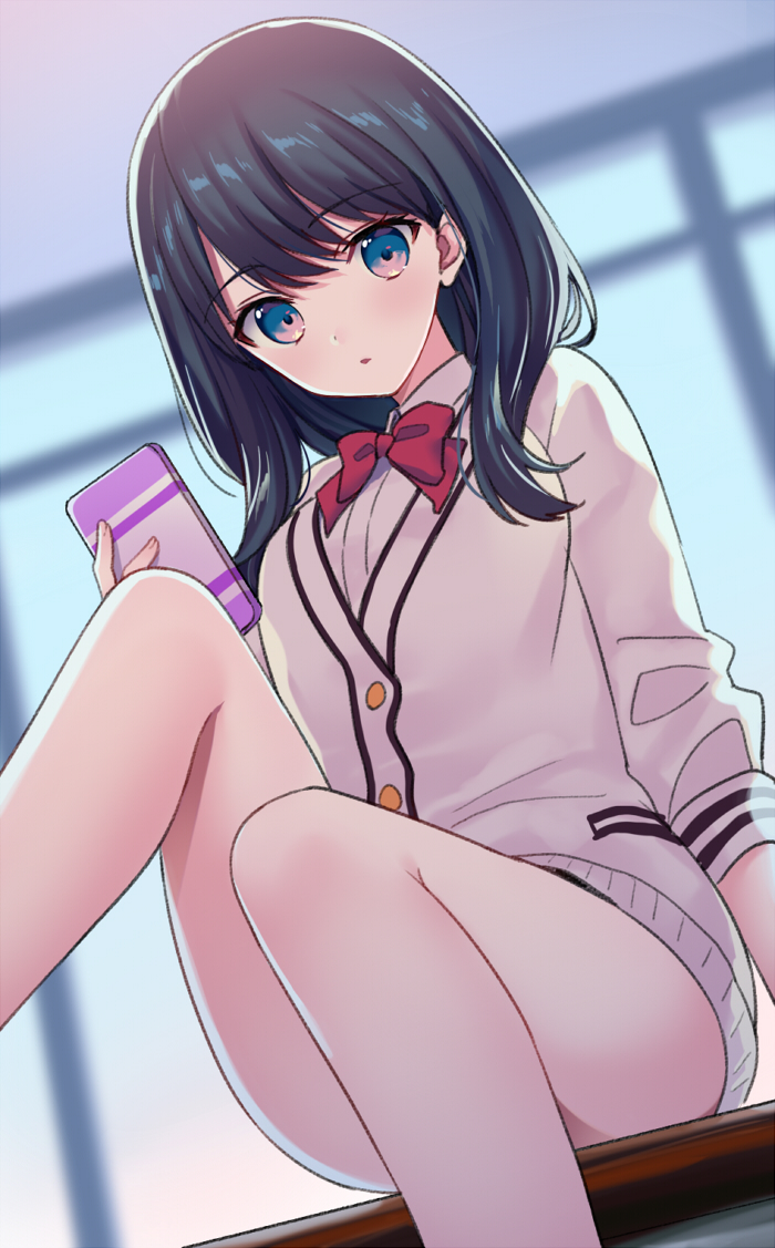 1girl black_hair blue_eyes bow bowtie cardigan cellphone commentary_request eyebrows_visible_through_hair holding holding_phone indoors legs long_sleeves looking_at_viewer phone red_neckwear shirt short_hair sitting solo ssss.gridman takarada_rikka thighs white_cardigan white_shirt yuuki_rika