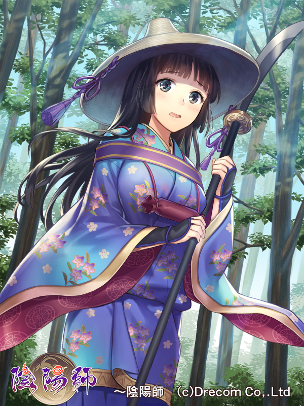 1girl black_eyes black_hair blue_kimono breasts company copyright_request day floral_print hat holding holding_weapon japanese_clothes kimono large_breasts looking_at_viewer naginata official_art open_mouth outdoors polearm solo standing sun_hat tassel tree watermark weapon wide_sleeves yamyom