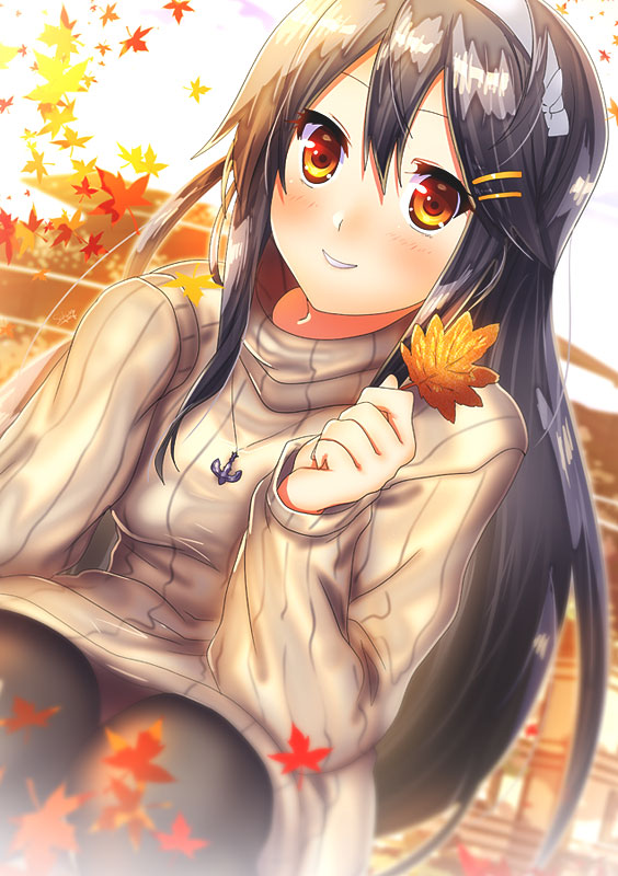 1girl alternate_costume autumn autumn_leaves black_hair blush closed_mouth hair_between_eyes hair_ornament hairclip haruna_(kantai_collection) kantai_collection long_hair looking_at_viewer panties panties_under_pantyhose pantyhose red_eyes remodel_(kantai_collection) sitting smile solo suou_sakura underwear