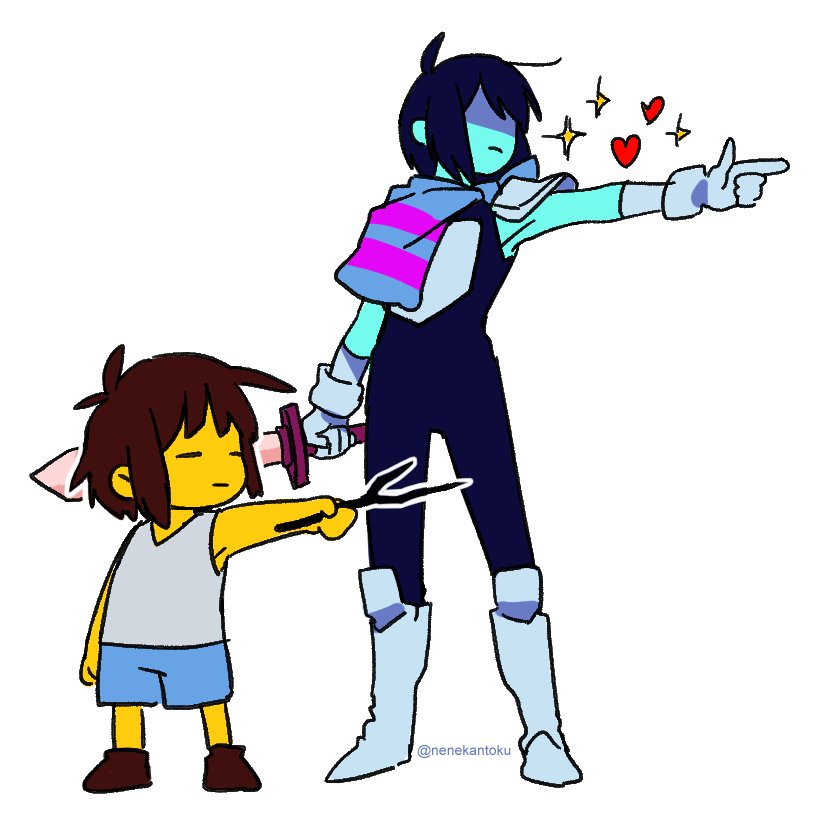 2others blue_hair boots brown_hair deltarune frisk_(undertale) full_body gloves heart kris_(deltarune) messy_hair multiple_others nenekantoku pauldrons pointing shaded_face shirt shorts simple_background sleeveless sparkle stick striped striped_shirt twitter_username undershirt undertale white_background