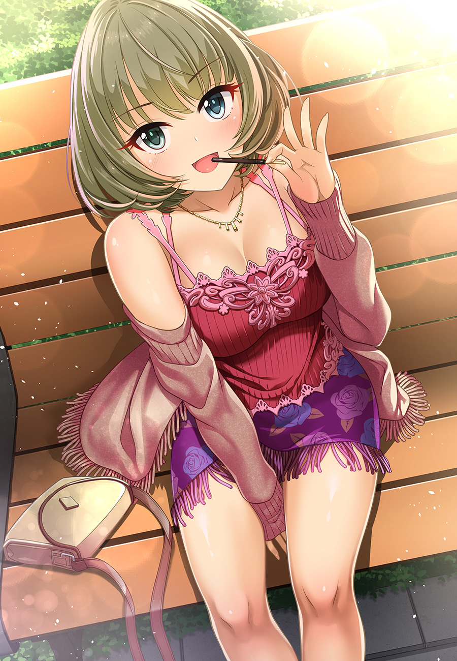 1girl bag bangs bare_shoulders bench blue_eyes blush breasts brown_hair cleavage collarbone eyebrows_visible_through_hair eyelashes floral_print food green_eyes handbag heterochromia highres idolmaster idolmaster_cinderella_girls jewelry kazu large_breasts lens_flare long_sleeves looking_at_viewer necklace off-shoulder_sweater open_mouth pink_sweater pocky purple_skirt red_camisole short_hair sitting skirt smile solo sweater takagaki_kaede thighs