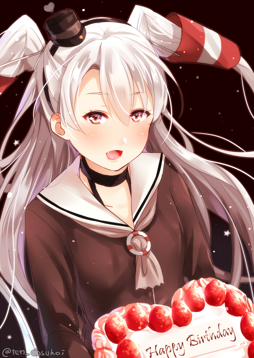 1girl :d amatsukaze_(kantai_collection) bangs blush breasts commentary_request eyebrows_visible_through_hair fang food forehead hair_between_eyes happy_birthday holding juurouta kantai_collection lips long_hair long_sleeves looking_at_viewer neckerchief open_mouth sailor_collar small_breasts smile solo strawberry_shortcake twitter_username upper_body white_sailor_collar