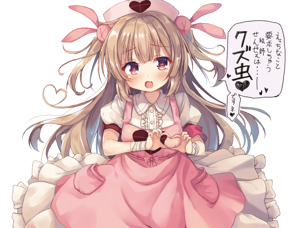 1girl apron bandage bandaged_arm bandages brown_hair bunny_hair_ornament commentary_request fang hair_ornament hat heart heart-shaped_pupils heart_hands long_hair looking_at_viewer natori_sana neko_pan nurse_cap open_mouth red_eyes sana_channel solo symbol-shaped_pupils translation_request virtual_youtuber white_background
