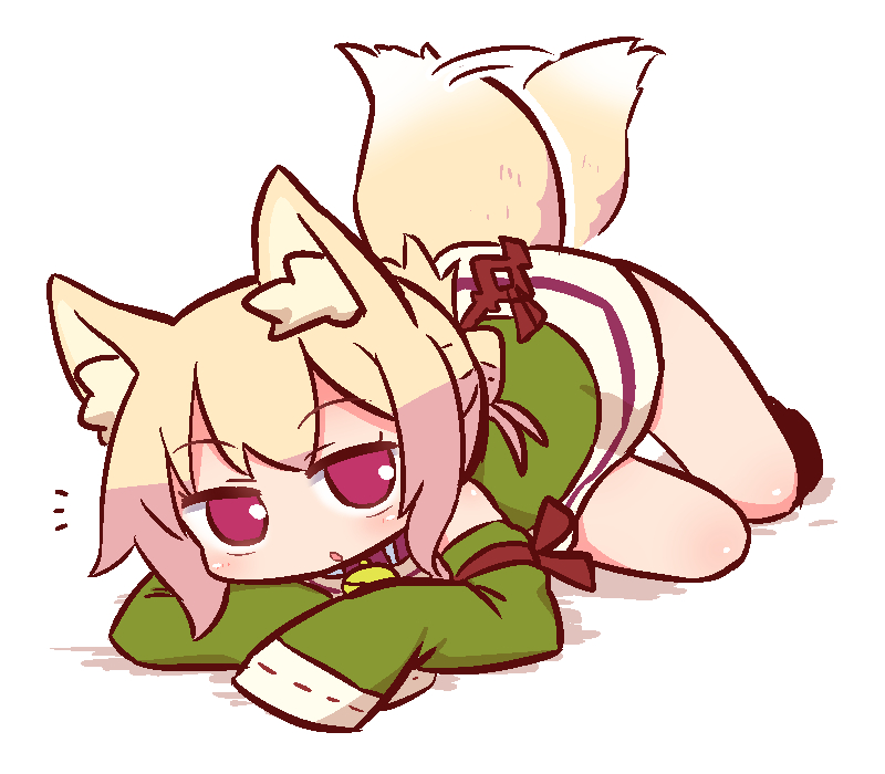 1girl afterimage animal_ear_fluff animal_ears bangs bare_shoulders bell bell_collar blonde_hair blush brown_collar collar detached_sleeves eyebrows_visible_through_hair fox_ears fox_girl fox_tail full_body green_shirt green_sleeves hair_ornament jingle_bell kemomimi-chan_(naga_u) long_hair long_sleeves naga_u original parted_lips red_eyes shirt sidelocks sleeveless sleeveless_shirt sleeves_past_fingers sleeves_past_wrists solo tail tail_wagging white_background