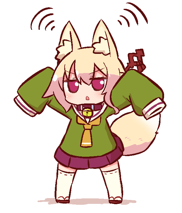 1girl animal_ear_fluff animal_ears arms_up bangs bell bell_collar blonde_hair brown_collar collar eyebrows_visible_through_hair fox_ears fox_girl fox_tail full_body green_shirt hair_between_eyes hair_ornament jingle_bell kemomimi-chan_(naga_u) long_hair long_sleeves naga_u orange_neckwear original parted_lips pleated_skirt purple_skirt red_footwear ribbon-trimmed_legwear ribbon_trim shirt sidelocks skirt sleeves_past_fingers sleeves_past_wrists solo tail tail_raised thigh-highs v-shaped_eyebrows white_background white_legwear