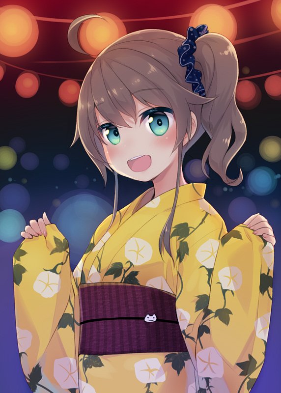 1girl :d ahoge bangs blue_eyes blush brown_hair commentary_request eyebrows_visible_through_hair festival hair_ornament hair_scrunchie hololive japanese_clothes kimono long_hair long_sleeves looking_at_viewer minamura_haruki natsuiro_matsuri obi open_mouth sash scrunchie side_ponytail sleeves_past_wrists smile solo upper_body virtual_youtuber yellow_kimono yukata