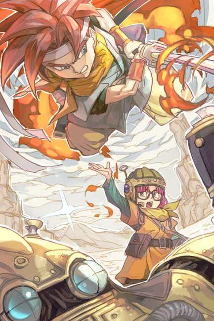 1boy 1girl bangs belt blunt_bangs casting_spell chrono chrono_trigger fire glasses hankuri headband helmet holding holding_weapon katana lucca_ashtear purple_hair robo robot scarf short_hair spiky_hair sword weapon