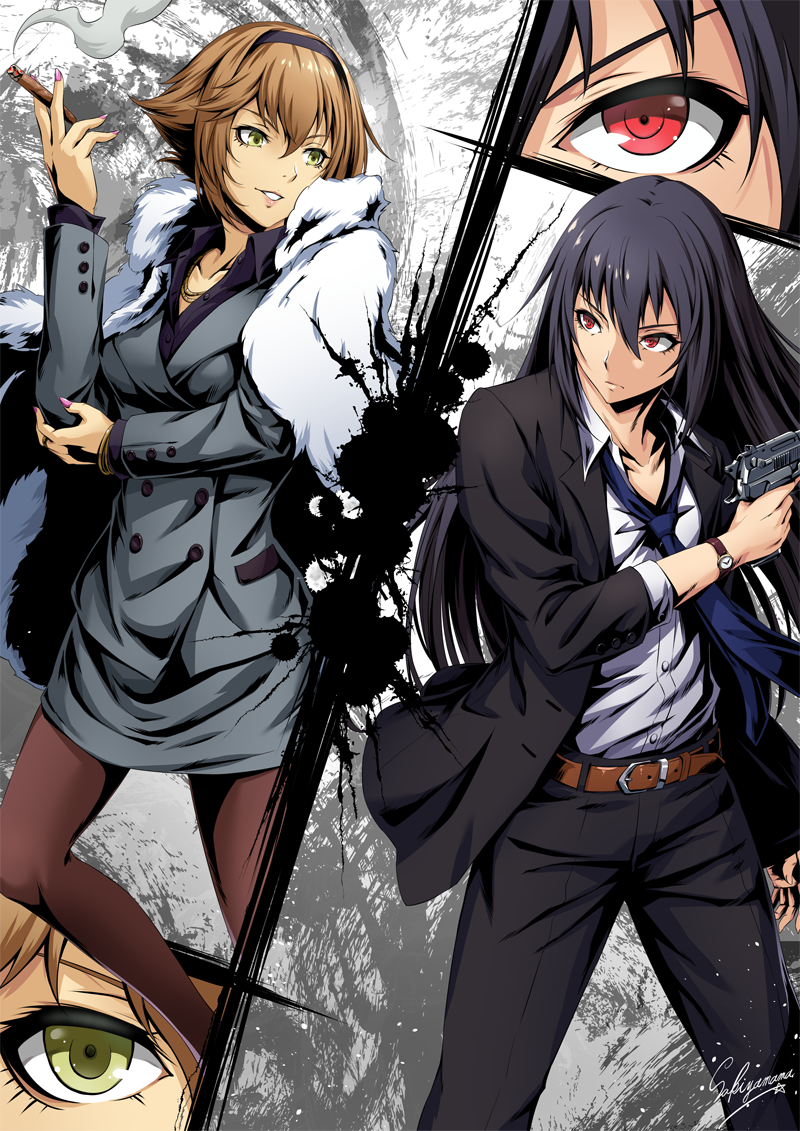 2girls alternate_costume artist_name beretta_92 black_jacket black_pants blue_neckwear blue_shirt bracelet breasts brown_belt cigar finger_on_trigger green_eyes grey_jacket gun hairband handgun jacket jewelry kantai_collection long_hair long_sleeves looking_at_another loose_necktie medium_breasts monochrome_background multiple_girls multiple_views mutsu_(kantai_collection) nagato_(kantai_collection) necktie office_lady pants pantyhose parted_lips pistol red_eyes ring sakiyamama shirt short_hair watch watch weapon wedding_ring white_shirt