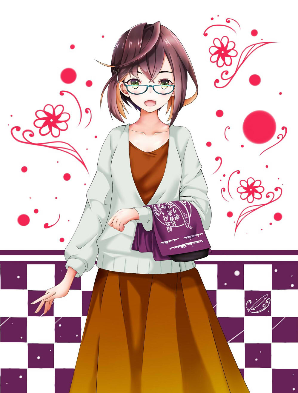 1girl :d aqua-framed_eyewear bangs blush brown_dress brown_hair casual checkered checkered_background collarbone commentary_request crossed_bangs dress fish glasses gradient gradient_dress green_eyes hair_ornament hairpin highres kantai_collection long_sleeves looking_at_viewer multicolored_hair okinami_(kantai_collection) open_mouth orange_hair remimiku short_hair smile solo two-tone_hair