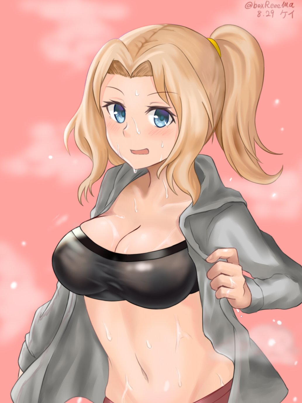 1girl alternate_hairstyle black_bra blonde_hair blue_eyes boxreeema bra breasts character_name cleavage_cutout commentary dated eyebrows_visible_through_hair girls_und_panzer grey_shirt hair_intakes hair_tie hair_up highres kay_(girls_und_panzer) large_breasts light_blue_hair long_hair long_sleeves looking_at_viewer navel open_clothes open_mouth open_shirt pink_background ponytail shirt smile solo standing sweat twitter_username underwear upper_body wavy_mouth