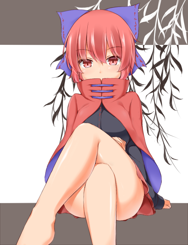 1girl blush breasts cape commentary_request garasuita high_collar large_breasts legs_crossed looking_at_viewer miniskirt red_cape red_eyes redhead sekibanki short_hair sitting skirt solo thighs touhou