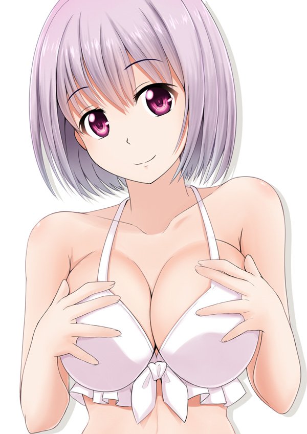 1girl bikini breasts cleavage commentary_request frilled_bikini frilled_bikini_top frills front-tie_top fuuma_nagi large_breasts lavender_hair looking_at_viewer shinjou_akane short_hair simple_background smile solo ssss.gridman swimsuit upper_body violet_eyes white_background white_bikini
