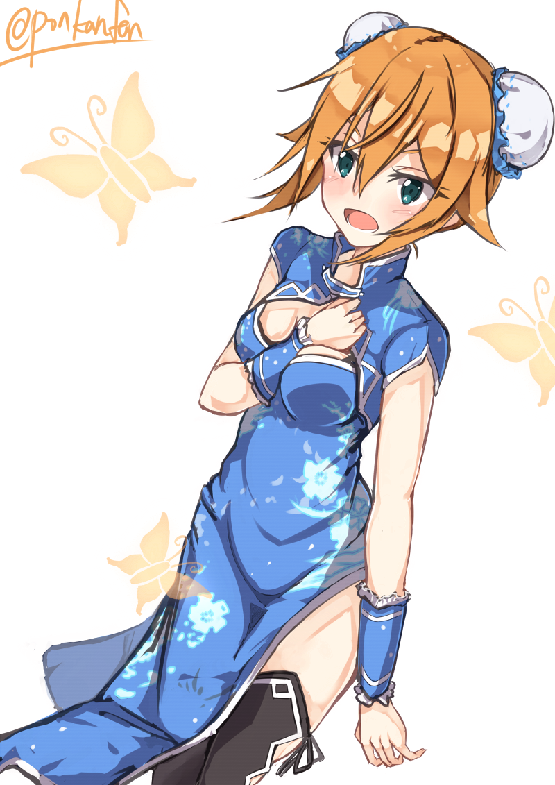 1girl blue_eyes bug butterfly china_dress chinese_clothes double_bun dress insect looking_at_viewer orange_hair p.k.f philia_(sao) signature simple_background smile solo sword_art_online