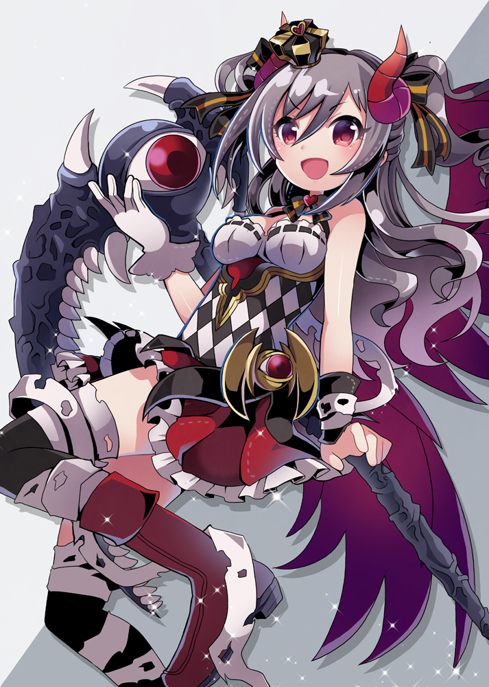 asymmetrical_gloves bandage black_background boots checkered crown drill_hair frilled_skirt frills gloves granblue_fantasy grey_hair hair_ribbon heart horns idolmaster idolmaster_cinderella_girls kanzaki_ranko kei_s01 long_hair mini_crown red_eyes ribbon skirt sparkle staff thigh-highs wings