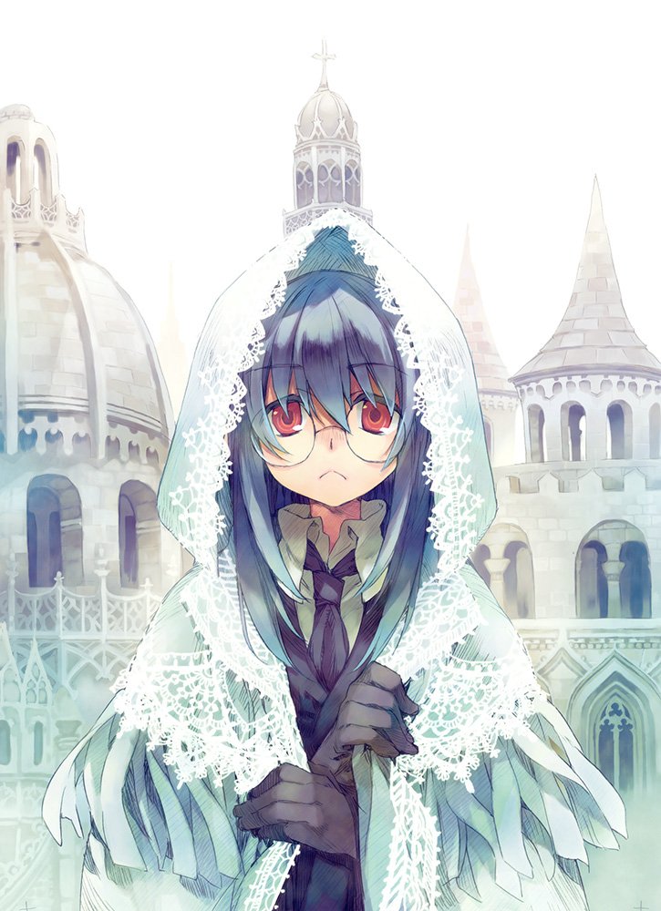 1girl bangs black_gloves black_hair building cloak commentary_request eyebrows_visible_through_hair gloves hitsugi_katsugi_no_kuro hood hooded_cloak kiyuzuki_satoko kuro_(hitsugi_katsugi_no_kuro) long_hair looking_at_viewer necktie official_art red_eyes round_eyewear solo