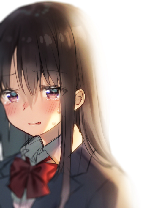 1girl backlighting bangs black_jacket blazer blurry blush bow bowtie brown_hair collared_shirt commentary_request crying crying_with_eyes_open eyebrows_visible_through_hair hair_between_eyes jacket long_hair looking_away midorikawa_you original parted_lips red_eyes red_neckwear school_uniform shirt sidelocks simple_background sketch solo tears upper_body white_background white_shirt