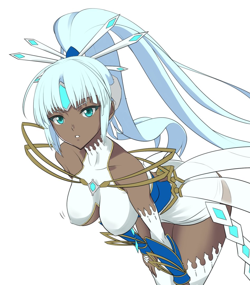 1girl blue_eyes blue_hair blush breasts dark_skin dolling60883582 large_breasts long_hair looking_at_viewer nintendo polearm ponytail simple_background smile solo tokiha_(xenoblade) weapon white_background white_hair xenoblade_(series) xenoblade_2