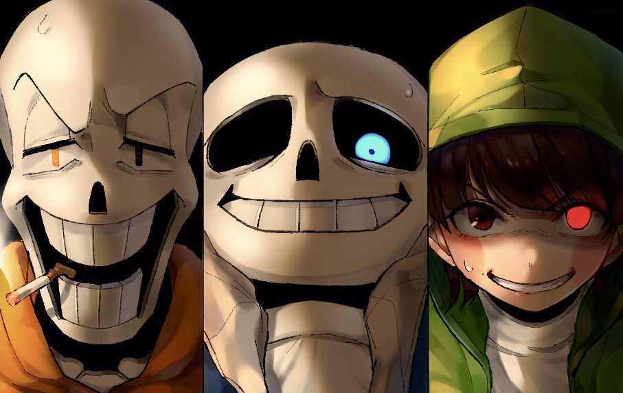 1other 2boys alternate_costume blue_eyes blue_hoodie chara_(undertale) cigarette column_lineup glowing glowing_eyes green_hoodie hood hoodie looking_at_viewer multiple_boys orange_eyes orange_hoodie papyrus_(undertale) red_eyes sans skeleton spoilers storyshift sweatdrop underswap undertale