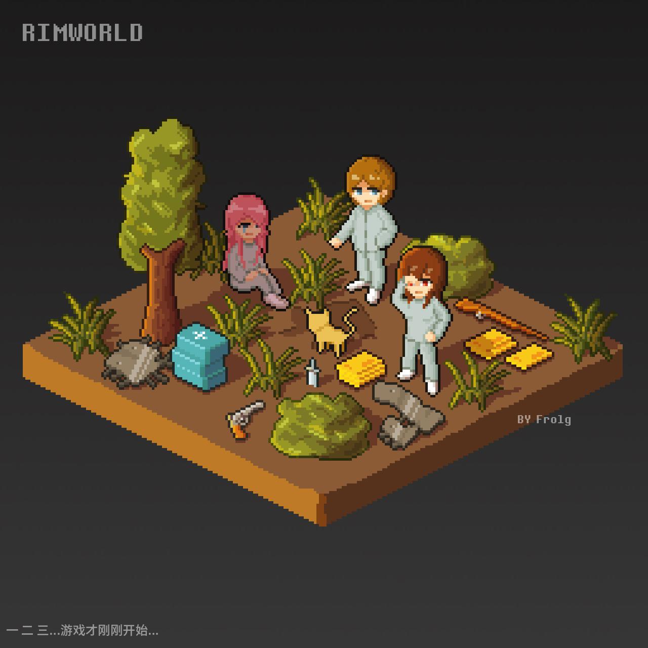 1boy 2girls artist_name blue_eyes blue_pants blue_shirt brown_hair cat chinese_text commentary english_commentary first_aid_kit frolg grass gun highres isometric knife long_hair long_sleeves multiple_girls outdoors pants pink_hair pixel_art red_eyes redrawn revolver rifle rimworld rock shirt short_hair teardrop tree weapon