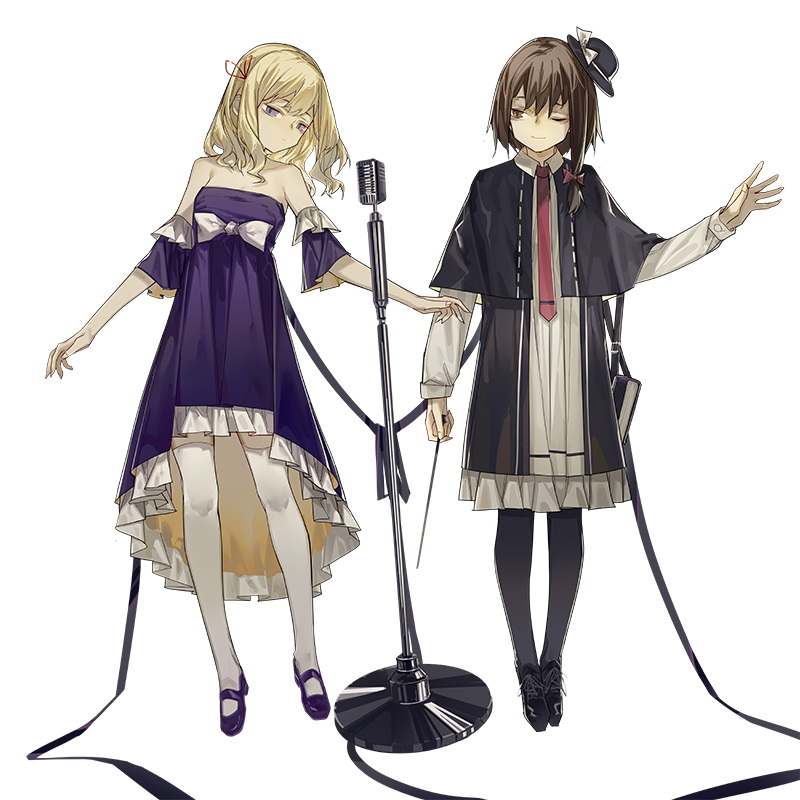 2girls ;) alternate_costume azling bangs bare_shoulders baton_(instrument) black_capelet black_coat black_footwear black_hat black_legwear blonde_hair bow breasts brown_eyes brown_hair capelet detached_sleeves dress fedora hair_between_eyes hair_bow hair_ribbon hand_up hat hat_bow holding long_sleeves looking_at_another maribel_hearn mary_janes microphone_stand mini_hat multiple_girls necktie no_hat no_headwear one_eye_closed petticoat purple_dress red_bow red_neckwear red_ribbon ribbon shirt shoes short_sleeves single_sidelock small_breasts smile strapless strapless_dress thigh-highs touhou transparent_background usami_renko violet_eyes white_bow white_shirt zettai_ryouiki