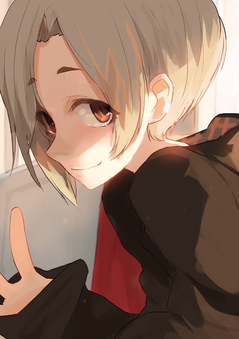 1girl black_clothes blonde_hair brown_eyes ear_piercing earrings eyebrows_visible_through_hair hair_over_one_eye hood hood_down hoodie idolmaster idolmaster_cinderella_girls jewelry long_sleeves looking_at_viewer piercing sawarakajin shirasaka_koume short_hair simple_background sleeves_past_fingers sleeves_past_wrists smile solo upper_body