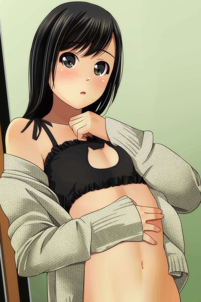 1girl bangs bare_shoulders black_bra black_hair blush bra brown_eyes brown_jacket cat_cutout cat_lingerie cleavage_cutout collarbone commentary_request eyebrows_visible_through_hair fingernails flat_chest frilled_bra frills hand_on_own_stomach hand_up head_tilt highres jacket long_hair long_sleeves matsunaga_kouyou meme_attire navel off_shoulder original parted_lips sleeves_past_wrists solo underwear upper_body