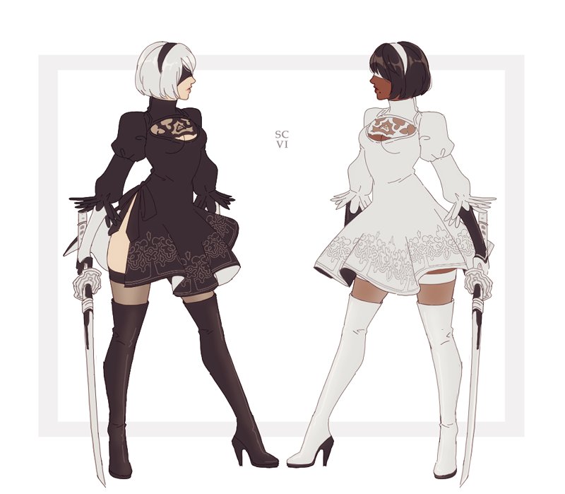 2girls android back_cutout black_blindfold black_dress black_hair blindfold cleavage_cutout covered_eyes dark_skin dress dual_persona feather-trimmed_sleeves juliet_sleeves leotard long_sleeves mole mole_under_mouth multiple_girls mushisotisis nier_(series) nier_automata puffy_sleeves simple_background soul_calibur soulcalibur_vi white_leotard yorha_no._2_type_b
