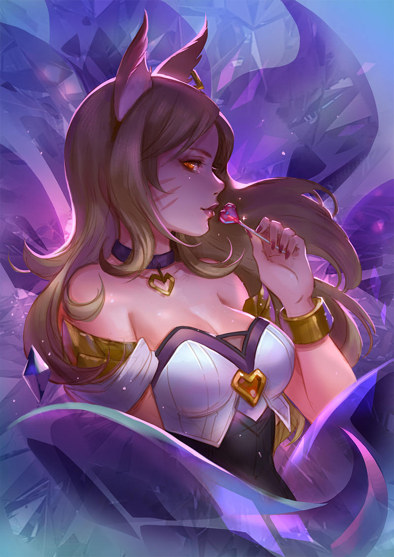 1girl ahri animal_ears blonde_hair breasts choker cleavage earrings fox_ears fox_tail heart idol jewelry k/da_(league_of_legends) k/da_ahri league_of_legends long_hair makeup sandara solo tail whisker_markings yellow_eyes