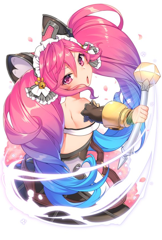 1girl aqua_hair bangle bare_shoulders bareback bracelet clau_(dragalia_lost) detached_sleeves dragalia_lost dress gradient_hair hair_ornament headdress jewelry lio_(tsukuyomi-tei) looking_back multicolored_hair open_mouth petals pink_eyes pink_hair simple_background solo twintails wand white_background