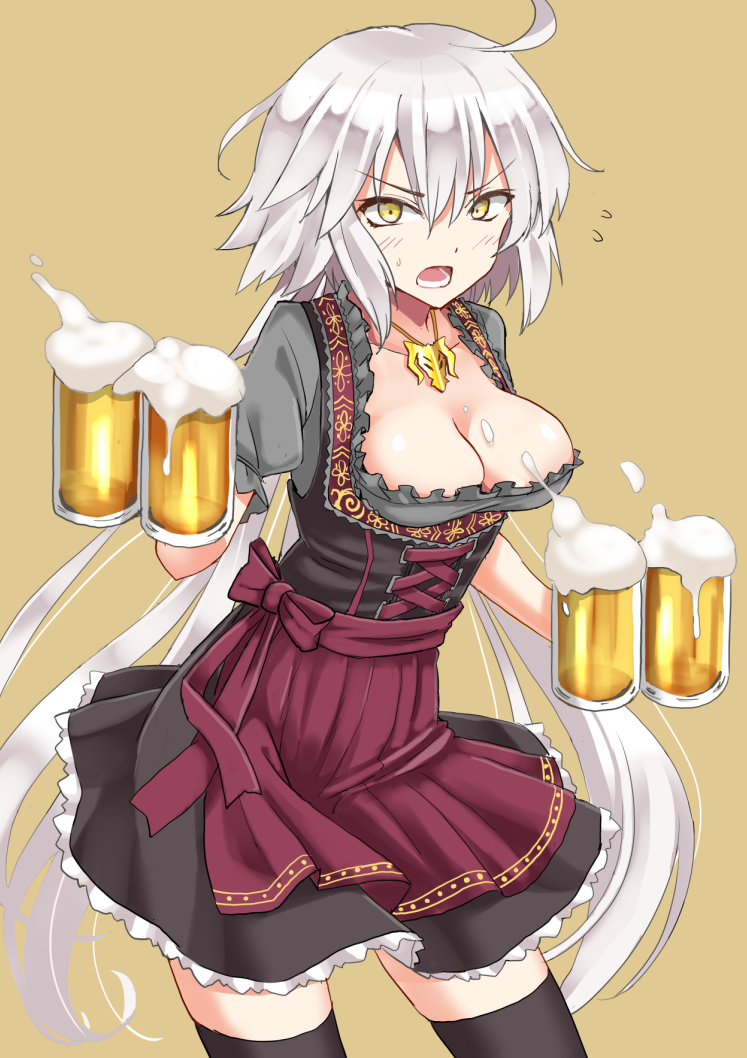 1girl ahoge alcohol alternate_costume apron beer beer_mug blush breasts cleavage commentary_request corset cup dirndl fate/grand_order fate_(series) german_clothes holding holding_cup jeanne_d'arc_(alter)_(fate) jeanne_d'arc_(fate)_(all) long_hair looking_at_viewer oktoberfest open_mouth puffy_short_sleeves puffy_sleeves short_sleeves silver_hair solo taishi_(moriverine) underbust waist_apron waitress yellow_eyes