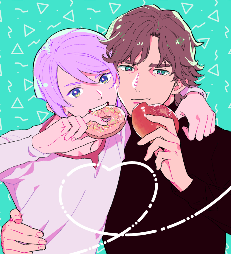 2boys aqua_background aqua_eyes arm_around_shoulder arm_around_waist bangs black_shirt blue_eyes brown_hair double_decker! doughnut douglas_billingham eating food heart kirill_vrubel male_focus multiple_boys parted_bangs peperonchiino_takuma purple_hair shirt standing upper_body white_shirt