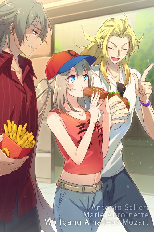 1girl 2boys :t antonio_salieri_(fate/grand_order) black_pants blonde_hair blue_eyes blue_pants blush casual character_name cis05 closed_eyes collarbone day denim dress_shirt eating eyewear_removed fang fate/grand_order fate_(series) food hamburger hat hot_dog index_finger_raised jeans long_hair marie_antoinette_(fate/grand_order) midriff multiple_boys navel outdoors pants red_shirt shirt short_sleeves silver_hair sleeveless sleeveless_shirt stomach striped striped_shirt twintails very_long_hair walking white_shirt wolfgang_amadeus_mozart_(fate/grand_order) wristband