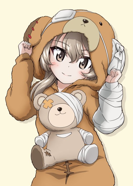 1girl animal_costume bandage bangs bear_costume bear_hood boko_(girls_und_panzer) brown_eyes cast closed_mouth commentary eyebrows_visible_through_hair girls_und_panzer head_tilt holding holding_ears kanau light_blue_hair light_brown_hair long_hair long_sleeves looking_at_viewer pajamas shimada_arisu simple_background smile solo stuffed_animal stuffed_toy teddy_bear upper_body w_arms yellow_background