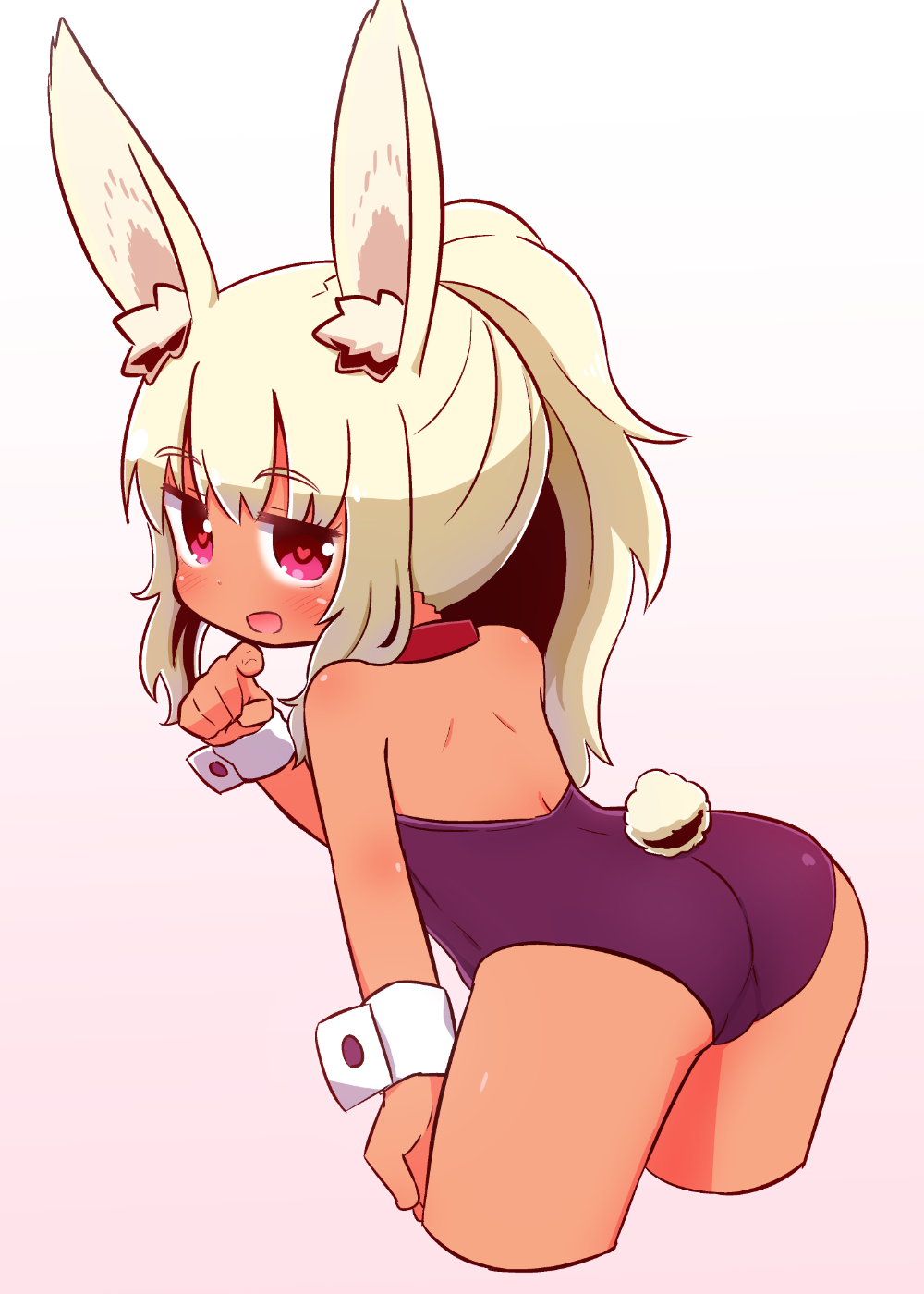 1girl :d animal_ear_fluff animal_ears ass bangs bare_shoulders blonde_hair blush bunny_girl bunny_tail bunnysuit cropped_legs eyebrows_visible_through_hair fingernails gradient gradient_background hair_between_eyes heart heart-shaped_pupils high_ponytail highres leaning_forward leotard long_hair looking_at_viewer looking_back naga_u open_mouth original pink_background ponytail purple_leotard rabbit_ears red_eyes sidelocks smile solo strapless strapless_leotard symbol-shaped_pupils tail tan white_background wrist_cuffs