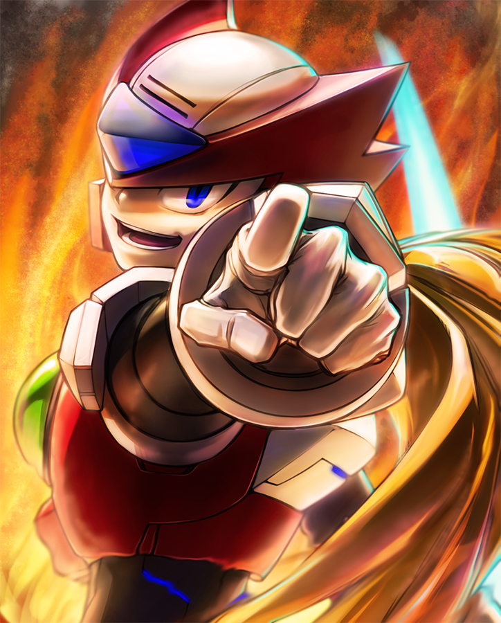 android blonde_hair blue_eyes capcom gloves grin helmet inualet33 long_hair looking_at_viewer looking_back male_focus open_mouth pointing pointing_at_viewer rockman rockman_x smile solo upper_body white_gloves zero_(rockman)