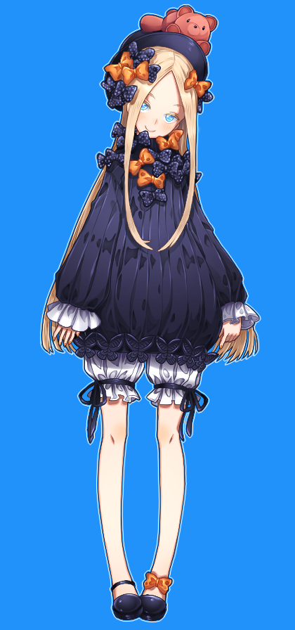 1girl abigail_williams_(fate/grand_order) arms_at_sides bangs black_bow black_dress black_footwear black_hat blonde_hair bloomers blue_background blue_eyes blush bow bug butterfly closed_mouth commentary_request dress fate/grand_order fate_(series) forehead full_body hair_bow hat head_tilt insect long_hair long_sleeves on_head orange_bow parted_bangs polka_dot polka_dot_bow shoes simple_background sleeves_past_wrists smile solo standing stuffed_animal stuffed_toy teddy_bear toffy_(15277493) underwear very_long_hair white_bloomers