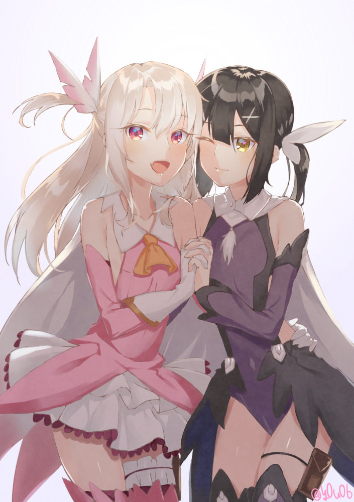 2girls :d ;) ascot black_hair bow cowboy_shot detached_sleeves fate/kaleid_liner_prisma_illya fate_(series) feathers floating_hair frilled_skirt frills garters gloves hair_between_eyes hair_bow hair_feathers hair_ornament hand_holding hand_on_another's_hip interlocked_fingers layered_skirt leotard long_hair long_sleeves looking_at_viewer magical_girl miniskirt miyu_edelfelt multiple_girls one_eye_closed open_mouth pink_eyes pink_feathers pink_shirt pink_sleeves pleated_skirt prisma_illya purple_leotard purple_sleeves shiny shiny_skin shirt silver_hair simple_background skirt sleeveless sleeveless_shirt smile standing thigh-highs thigh_strap twitter_username white_background white_bow white_gloves white_neckwear white_skirt yellow_eyes yellow_neckwear you06