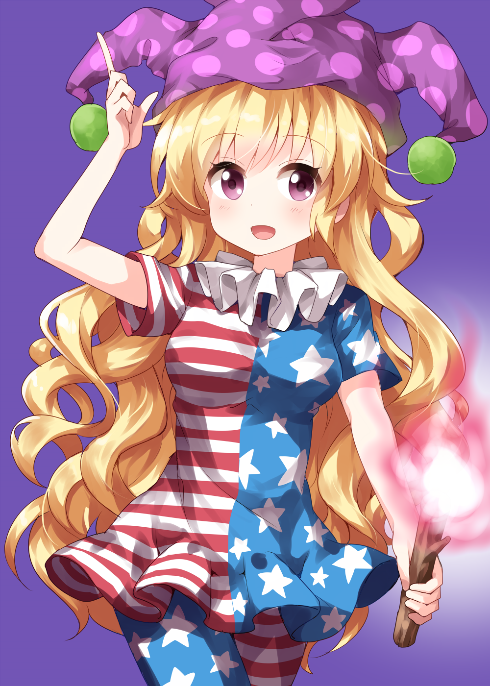 1girl :d american_flag_dress american_flag_legwear arm_up bangs blonde_hair blue_dress blue_legwear blush breasts clownpiece commentary_request cowboy_shot dress eyebrows_visible_through_hair hat highres holding holding_torch index_finger_raised jester_cap long_hair looking_at_viewer medium_breasts neck_ruff open_mouth pantyhose polka_dot_hat purple_background purple_hat red_dress red_legwear ruu_(tksymkw) short_dress short_sleeves simple_background smile solo star star_print striped striped_dress striped_legwear torch touhou very_long_hair violet_eyes white_dress white_legwear