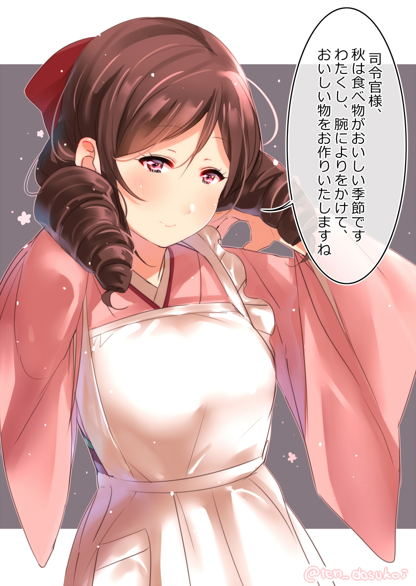 1girl apron blush breasts character_request closed_mouth commentary_request ears eyebrows_visible_through_hair frilled_apron frills grey_background hair_between_eyes japanese_clothes juurouta kantai_collection kimono lips long_sleeves looking_at_viewer pink_kimono raised_eyebrows ringlets sketch_eyebrows smile solo speech_bubble translation_request twitter_username wide_sleeves
