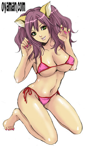 1girl animal_ears bikini breasts cat_ears fingernails graphite_(medium) green_eyes gyaru kogal large_breasts long_hair lowres nail_polish navel original oyaman purple_hair simple_background smile swimsuit traditional_media twintails white_background