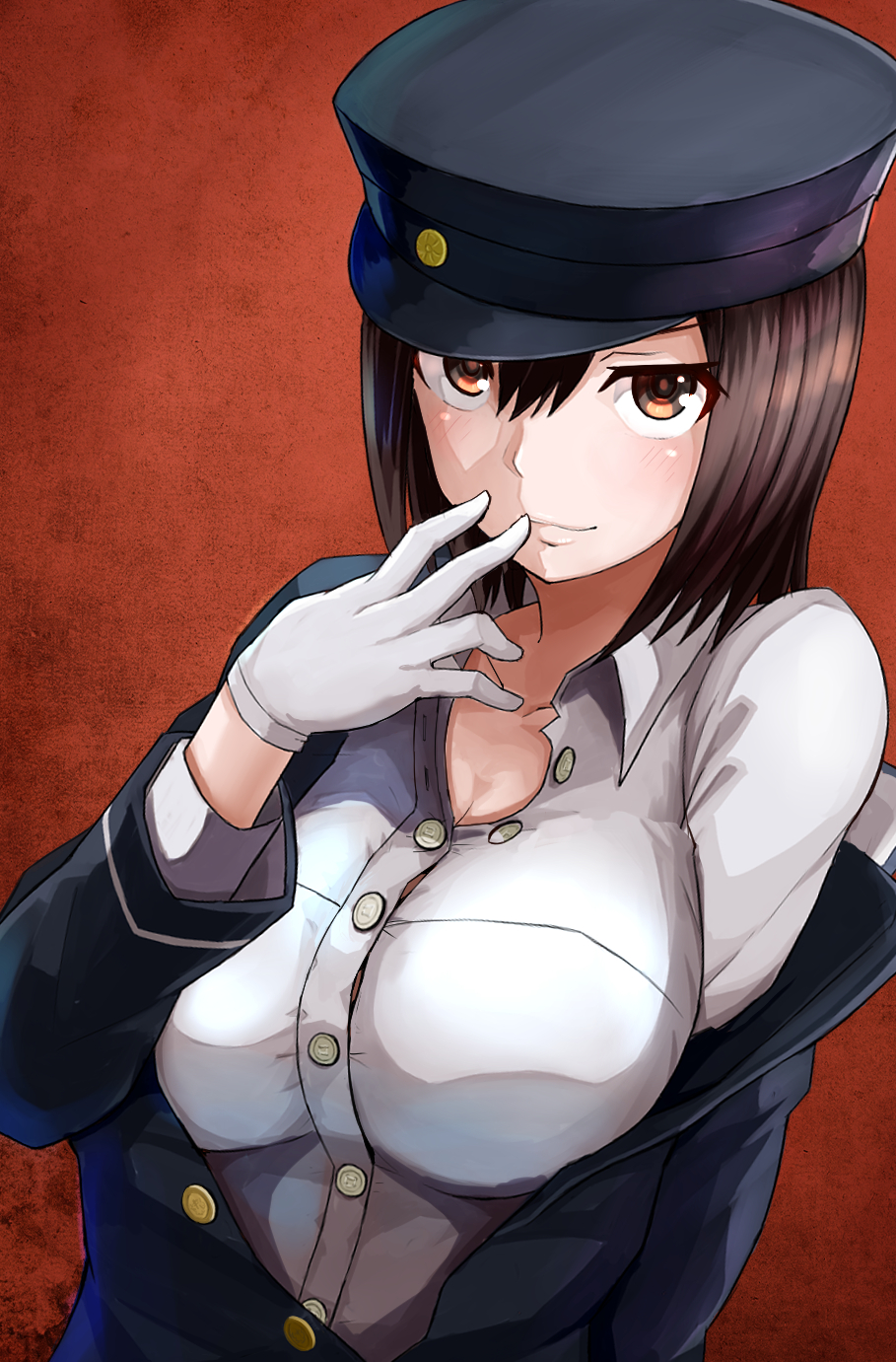 1girl akitsu_maru_(kantai_collection) black_hair black_hat breasts brown_background brown_eyes commentary gloves hat highres kantai_collection large_breasts military military_hat military_uniform okitsugu open_clothes peaked_cap shirt short_hair smile solo uniform upper_body white_gloves white_shirt