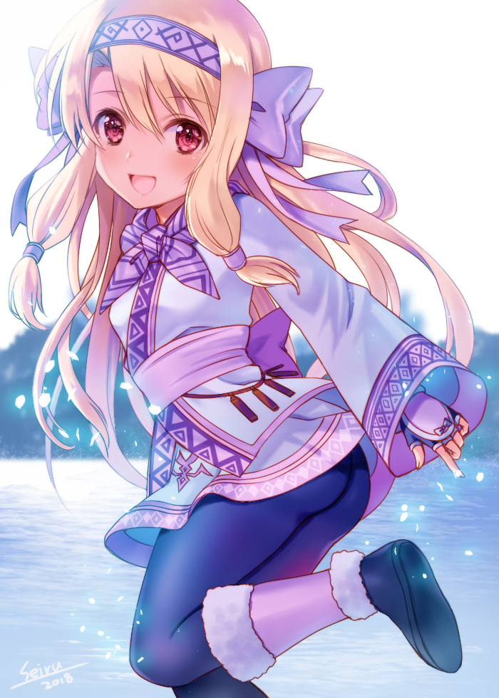 1girl 2018 :d ainu_clothes ass bangs black_footwear black_legwear blonde_hair blurry blurry_background blush bow day depth_of_field eyebrows_visible_through_hair fate/grand_order fate_(series) fingerless_gloves fur_trim gloves hair_between_eyes hair_bow hair_tubes hairband hijiri_ruka illyasviel_von_einzbern lake leg_warmers long_hair long_sleeves looking_at_viewer looking_to_the_side open_mouth outdoors pantyhose pink_hairband purple_bow purple_gloves red_eyes shoes sidelocks signature sitonai sleeves_past_wrists smile solo standing standing_on_one_leg very_long_hair water wide_sleeves