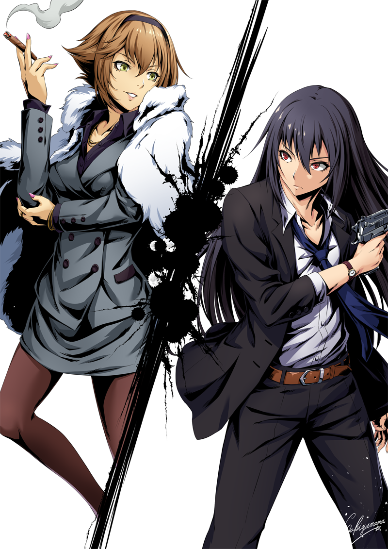 2girls alternate_costume artist_name beretta_92 black_jacket black_pants blue_neckwear blue_shirt bracelet breasts brown_belt cigar finger_on_trigger green_eyes grey_jacket gun hairband handgun jacket jewelry kantai_collection long_hair long_sleeves looking_at_another loose_necktie medium_breasts multiple_girls multiple_views mutsu_(kantai_collection) nagato_(kantai_collection) necktie office_lady pants pantyhose parted_lips pistol red_eyes ring sakiyamama shirt short_hair simple_background watch watch weapon wedding_ring white_background white_shirt