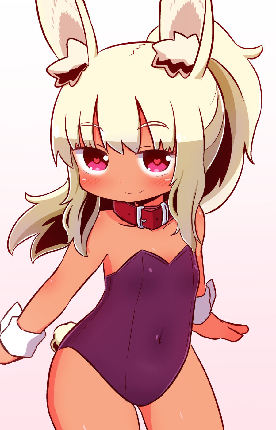 1girl animal_ear_fluff animal_ears bangs bare_shoulders belt_collar blonde_hair blush breasts bunny_girl bunny_tail bunnysuit closed_mouth collarbone covered_navel cowboy_shot eyebrows_visible_through_hair fingernails gradient gradient_background hair_between_eyes heart heart-shaped_pupils high_ponytail highres leotard long_hair looking_at_viewer naga_u original pink_background ponytail purple_leotard rabbit_ears red_collar red_eyes sidelocks small_breasts smile solo strapless strapless_leotard symbol-shaped_pupils tail tan white_background wrist_cuffs