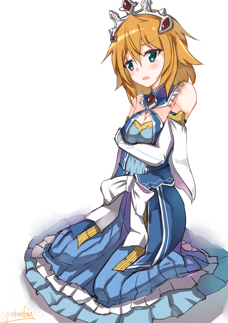 1girl blue_eyes brooch crown crying crying_with_eyes_open dress elbow_gloves gloves jewelry looking_at_viewer orange_hair p.k.f philia_(sao) princess princess_dress simple_background solo sword_art_online tears white_background